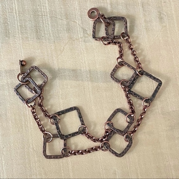 $49 Sale Handmade Hammered Copper Dual Strand Chain Bracelet 7.5” Boho Geometric